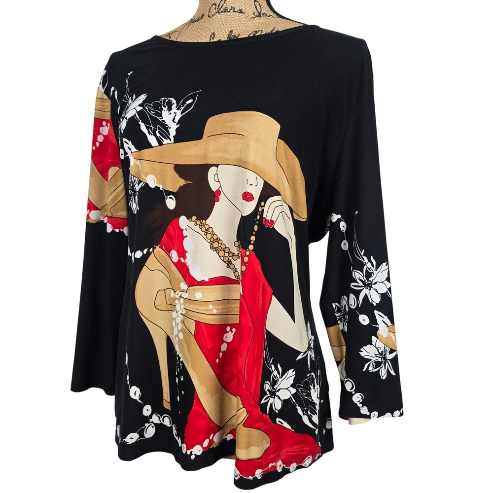 Nygard Collection Womens XL Black Graphic Print Long Sleeve Top Woman Hat Heels